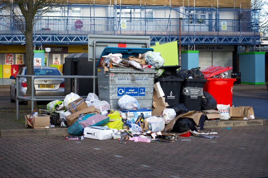 A sanitation worker wearing a blue uniform and an orange high-visibility vest is seen emptying a blue wheeled bin into the rear compactor of a white garbage truck on a narrow cobblestone street. The t