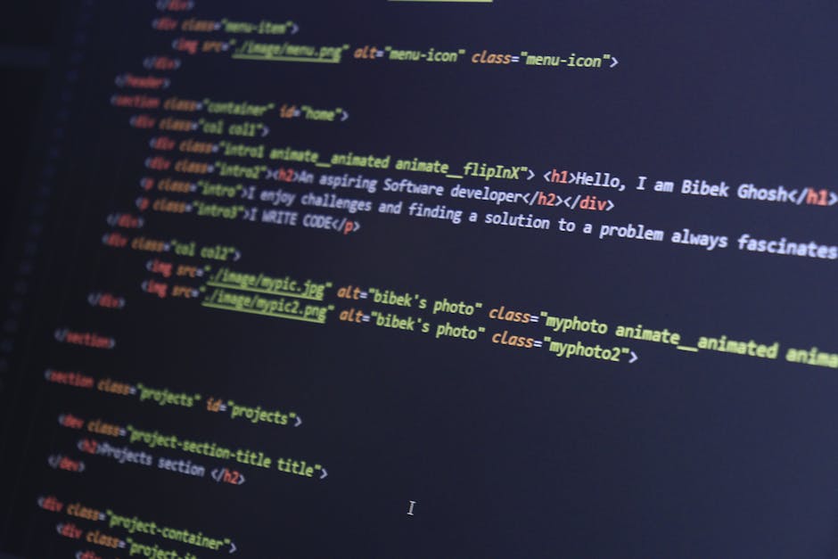 The image displays a computer screen with a dark background showing lines of HTML code in a text editor or Integrated Development Environment (IDE). The code includes tags such as <html>, <head>, and